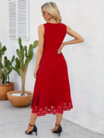 Kadın Kolsuz Etek Ucu Lazer Kesim çiçek Desenli Midi Boy Ithal Krep Elbise - Görsel 2