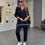 Kadın Uzun Kollu Ribana Ve Fermuar Detay Bluz Ve Yüksel Bel Pantolon 2li Takım