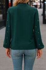 Kadın Uzun Kollu Yakadan Fiyonklu Incili Ithal Krep Bluz - Görsel 5