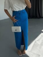 GABARDİN UZUN ÖNDEN YIRTMAÇLI ETEK - Saks - Görsel 2