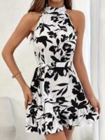 Kadın Omuzlardan Açık Balıkçı Yakalı Kuşaklı Desenli Kısa Süprem Elbise - Görsel 4