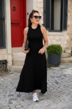 Kadın Arkadan çapraz Detay Yuvarlak Yaka Maksi Viskon Elbise - Görsel 2