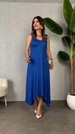 Kadın çan Dokuma Kumaş V Yaka Asimetrik Kesim Elbise - Görsel 3