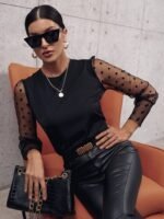 Kadın Uzun Kollu Bisiklet Yaka Kollar Puantiyeli Tül Detaylı Sandy Bluz - Görsel 6