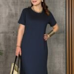 Kadın Kısa Kollu Bisiklet Yaka Yırtmaçlı Viskon Iki Iplik Elbise