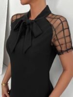 Kadın Kısa Kollu Boyundan Bağlamalı Omuzlarda Tül Detaylı Janjan Krep Elbise - Görsel 2