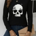 Kadın Uzun Kollu Bisiklet Yaka Kurukafa Desenli Viskon Bluz