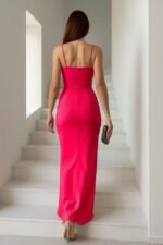 Kadın Dalgıç Kumaş V Yaka Yırtmaç Detaylı Maxi Boy Elbise - Görsel 2