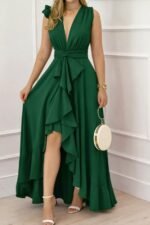 Kadın Askılı Kruvaze Yakalı önü Volanlı Uzun Krep Elbise