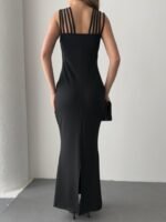 Kadın Omuz çoklu Askılı önü Taş Işlemeli Balık Kesim Janjan Krep Maxi Boy Elbise - Görsel 7