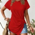 Kadın Kısa Kollu Bisiklet Yaka Asimetrik Kesim Detaylı Viskon Bluz