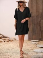 Kadın Kısa Kollu V Yakalı Yanları Volanlı Kısa Ithal Krep Elbise - Görsel 6