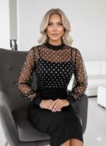 Kadın Balıkçı Yaka Puantiyeli Tül Detay Midi Boy Elbise - Görsel 3