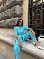 KISA KOL BAĞLAMA DETAYLI CEKET-PANTOLON TAKIM - Mavi - Görsel 3