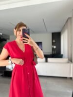 Kadınn V Yaka Düğme Detay Kuşak Dahil Elbise - Görsel 2