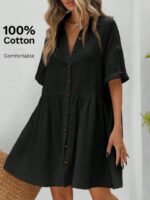 Kadın Kısa Kollu Yakalı önden Düğmeli Kısa Bürümcük Elbise - Görsel 2