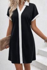 Kadın Kısa Kollu V Yakalı Onden şerit Detaylı Yakalı Kısa Janjan Krep Elbise - Görsel 2