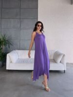 Kadın çan Dokuma Kumaş V Yaka Asimetrik Kesim Elbise - Görsel 5