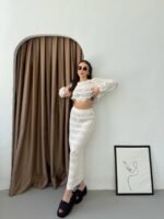 Kadın Uzun Kollu Kuş Gözü Transparan Detay Triko Bluz Ve Maxi Boy Etek Ikili Takım - Görsel 2