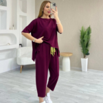 Kadın Kısa Kollu Bisiklet Yaka Viskon Iki Iplik Bluz Ve Pantolon Ikili Takım