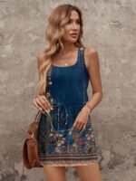 Kadın Askılı Yuvarlak Yakalı Beli Kusaklı çiçek Desenli Kısa Süprem Elbise - Görsel 5