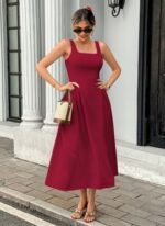 Kadın Askılı Kare Yakalı Uzun Ithal Krep Elbise - Görsel 3