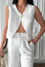 KETEN TEK DÜĞME YELEK-PANTOLON TAKIM - Beyaz - Görsel 3