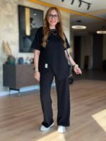 Kadın Kısa Kollu Bisiklet Yaka Asimetrik Viskon Iki Iplik Bluz Ve Pantolon Ikili Takım - Görsel 2