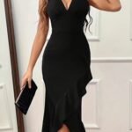 Kadın Askılı V Yakalı önden Fırfırlı Uzun Ithal Krep Elbise