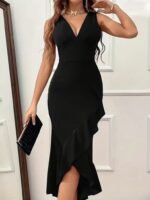 Kadın Askılı V Yakalı önden Fırfırlı Uzun Ithal Krep Elbise