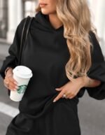 Kadın Uzun Kollu Kapşonlu Viskon Iki Iplik Bluz Ve Pantolon Ikili Takım - Görsel 2