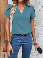 Kadın Kısa Kollu Lazer V Yakalı Ithal Krep Bluz - Görsel 6