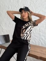 Kadın Bisiklet Yaka Kısa Kol Leopar Desen Bluz Ve Pantolon Ikili Takım - Görsel 7