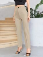 Bordo Renk Yüksek Bel Maskülen Kesim Kumaş Pantolon - Görsel 5