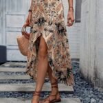 Kadın Yüksek Bel çiçek Desenli önü Asimetrik Detaylı Uzun Süprem Etek