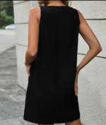 Kadın Kolsuz Kalın Askılı Düğme Detay Cepli Keten Elbise - Görsel 2