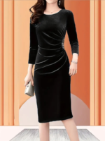 Kadın Uzun Kollu Bot Yaka Yanı Taş Detaylı Midi Kadife Elbise - Görsel 4