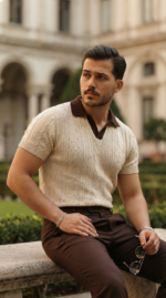 Erkek Desenli Kısa Kollu Triko Tişört - %100 Pamuk Akrilik