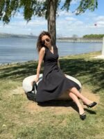 Kadın Ithal Krep Kumaş Kruvaze Yaka Eteği Kloş Kolsuz Mini Elbise - Görsel 2