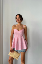 ÇİZGİLİ GOFRE ASKILI PENS DETAYLI BLUZ - Pembe - Görsel 3