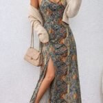 Kadın Ip Askılı Arkadan çapraz Kesim Detaylı Uzun Desenli Süprem Elbise