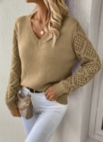 Kadın Uzun Kollu V Yaka Kol Delikli Baklava Desen Detaylı Triko Kazak - Görsel 2