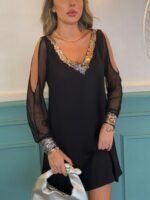 Kadın Uzun Kollu V Yaka Kollar Tül Yırtmaç Detay Kol Manşetleri Ve Yaka Payet Krep Elbise - Görsel 9