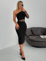 Kadın Siyah Tek Kol Dantel Detay Omuz Dekolte Krep Elbise - Görsel 14