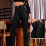 Kadın Yüksek Bel Yanları Lastik önü Düğmeli Kot Pantolon