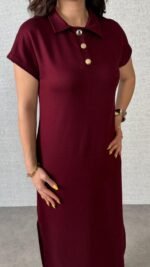 Kadın Kısa Kollu Yakalı Yandan Yırtmaçlı Viskon Iki Iplik Elbise - Görsel 3