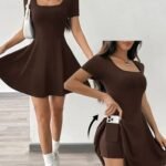 Kadın Kısa Kollu Kare Yaka Short Detaylı Cepli Dalgıç Elbise