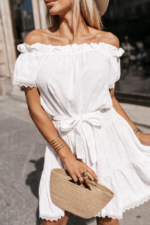 Kadın Dantel Detaylı Madonna Yaka Beli Kuşaklı Keten Kumaş Elbise - Görsel 4