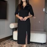 Kadın Uzun Kollu Balıkçı Yaka önden Fermuarlı Yırtmaçlı Midi Viskon Iki Iplik Elbise