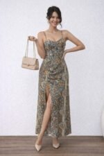 Kadın Ip Askılı Arkadan çapraz Kesim Detaylı Uzun Desenli Süprem Elbise - Görsel 2